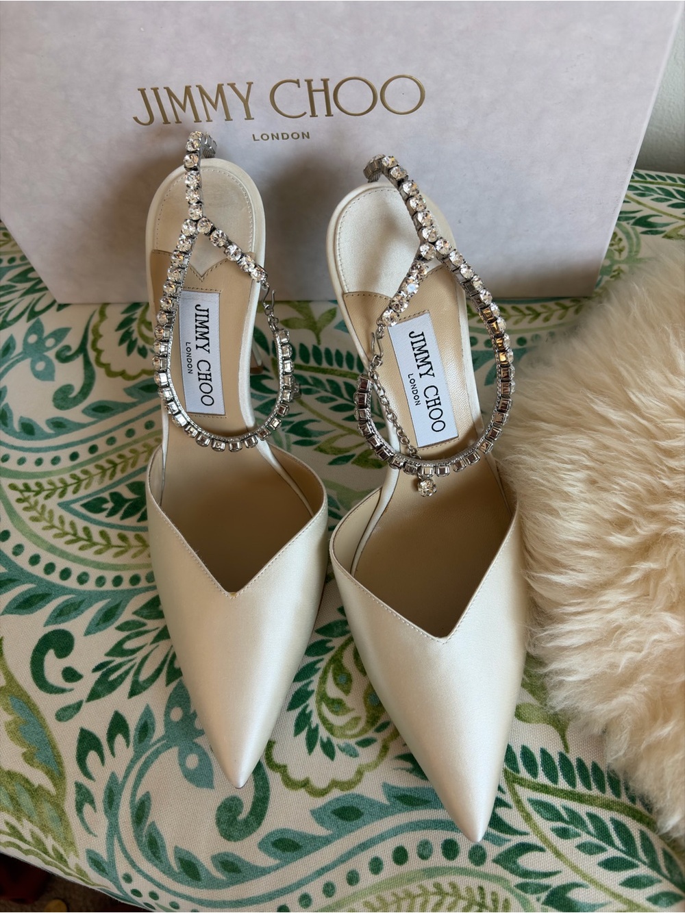Jimmy Choo Bridal Collection, Ivory Satin Pointed Toe Crystal Ankle Strap Pumps